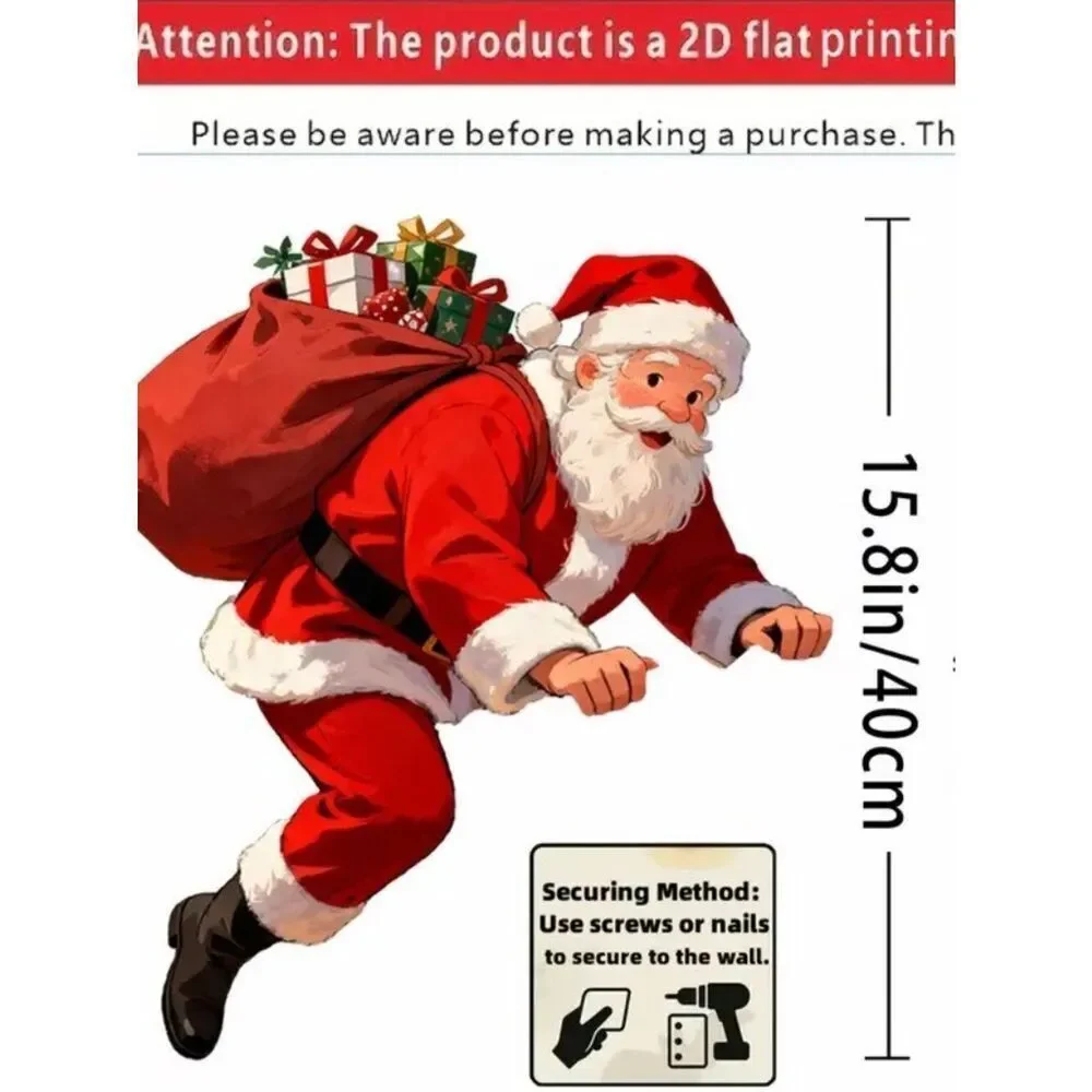 2D Flat Santa Claus Climbing Over Fence Christmas Outdoor Garden Decoration
